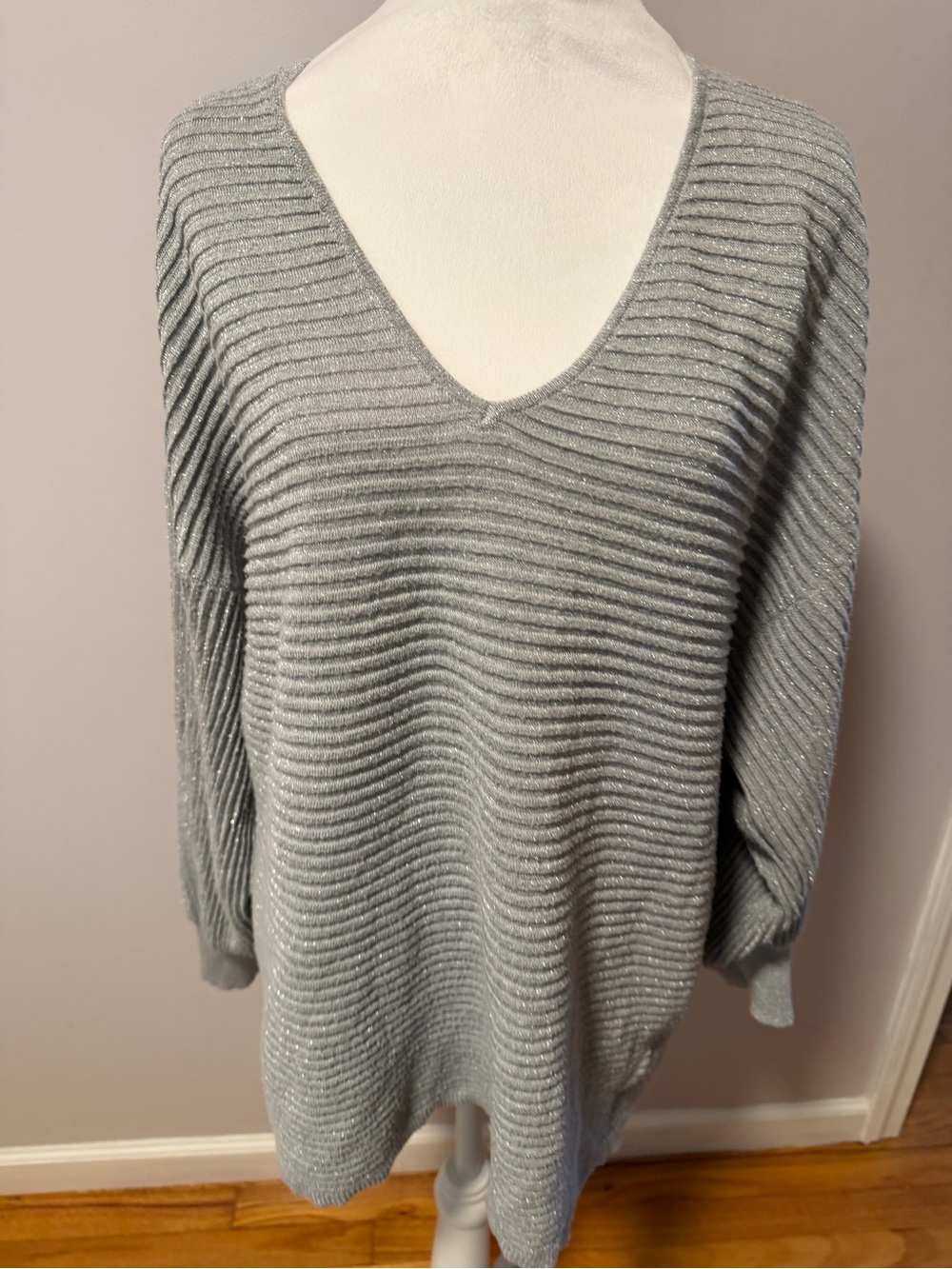 1. State Silver-Thread Light Gray V-Neck Ribbed Sweater